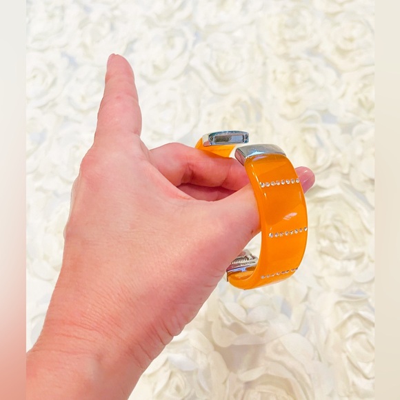 Orange Rhinestones Anne Taylor Cuff Bracelet Hinged Signed - Picture 4 of 5